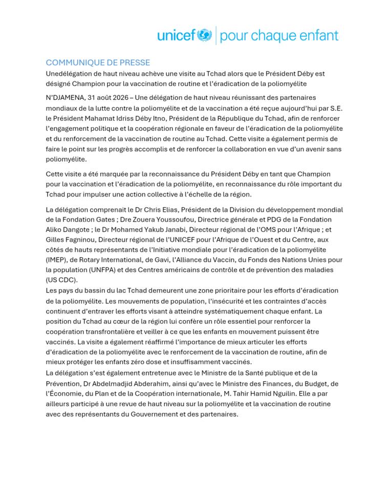 🇹🇩 Tchad : Mahamat Idriss Déby itno désigné champion pour la vaccination et l’éradication de la poliomyélite