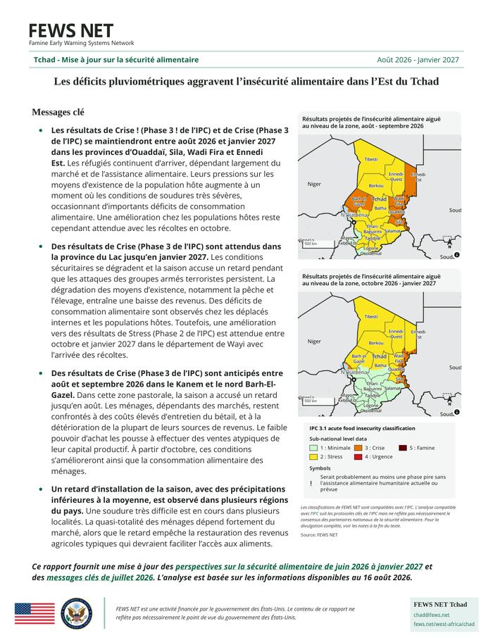 Tchad - Mise à jour sur la sécurité alimentaire : Les déficits pluviométriques aggravent l’insécurité alimentaire dans l’Est du Tchad, Août 2026